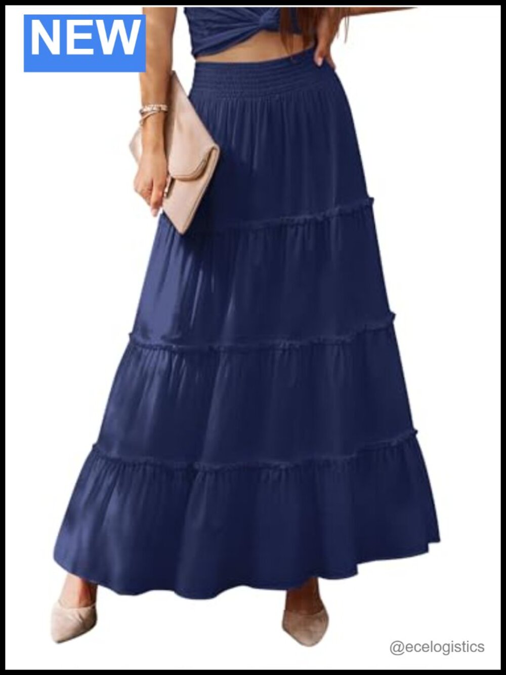 Women's Boho Maxi Skirt Smocked High Waist Tiered Ruffle A-Line Long Beach Skirt